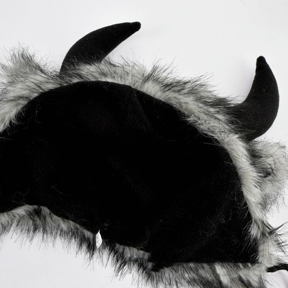 Men A-black Furry Buffalo Horn Winter Hat  Unisex Faux Fur Earflap Trooper Cap - Picture 4 of 6